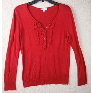 Vintage Y2K Gap Red Cashmere Blend Ruffle‎ Henley V-Neck Sweater Top Medium